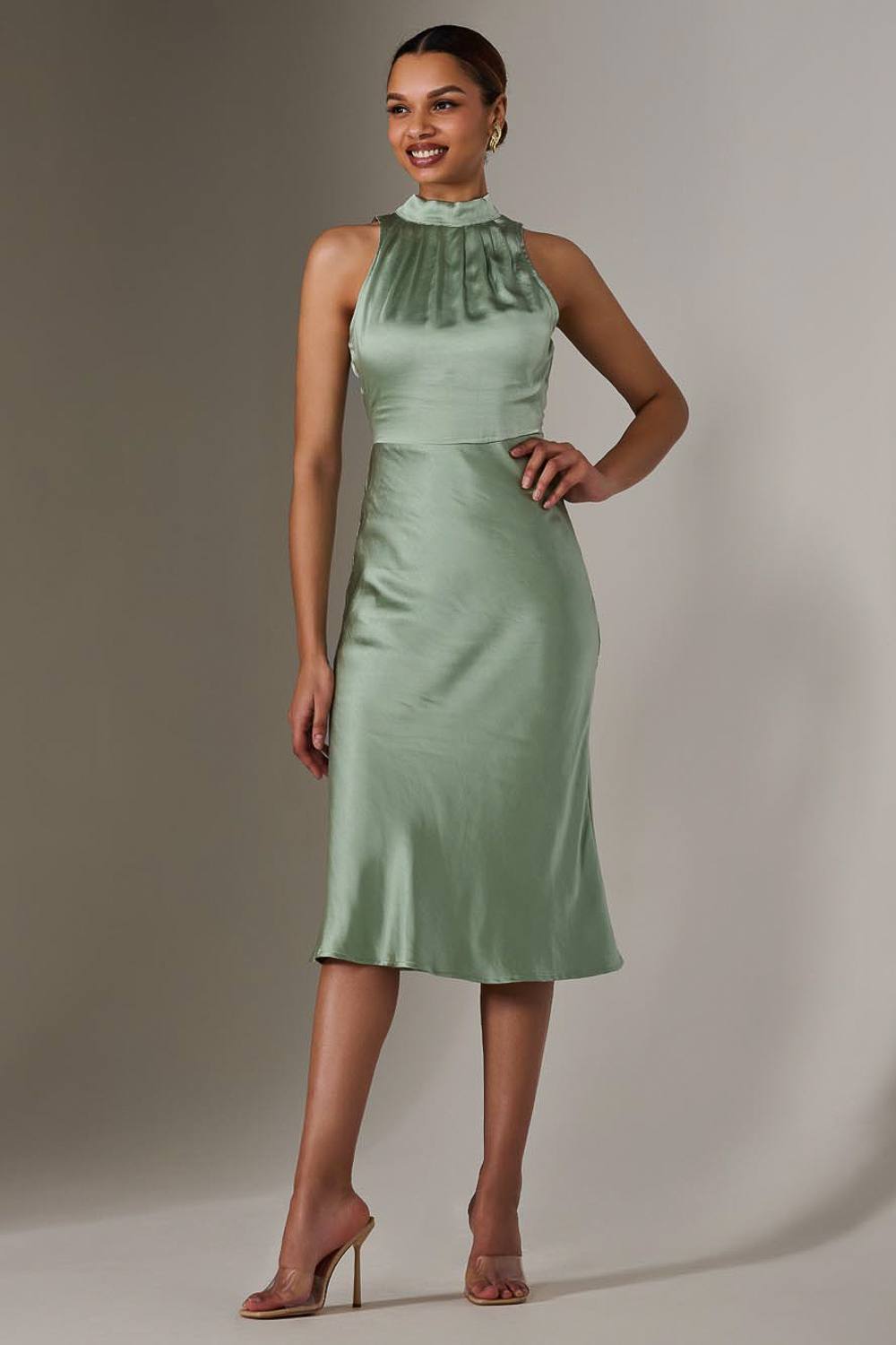 Jolie Moi Satin Halter Neck Midi Dress In Green