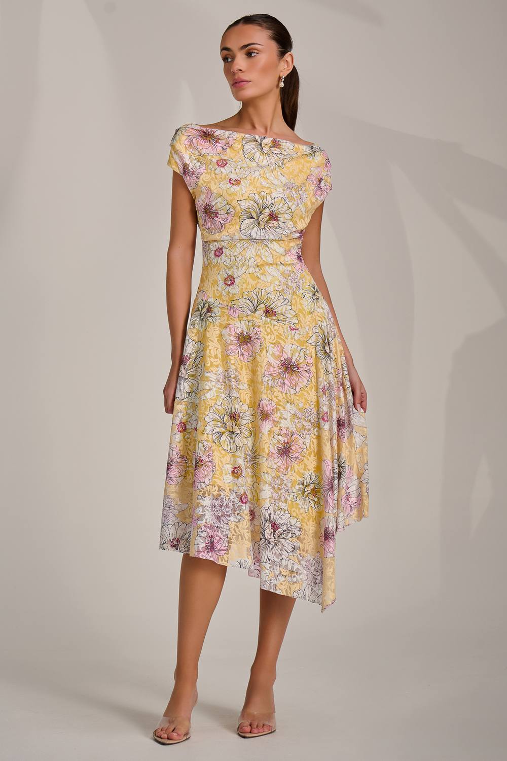 Jolie Moi Asymmetric Printed Lace Draped Dress In Yellow