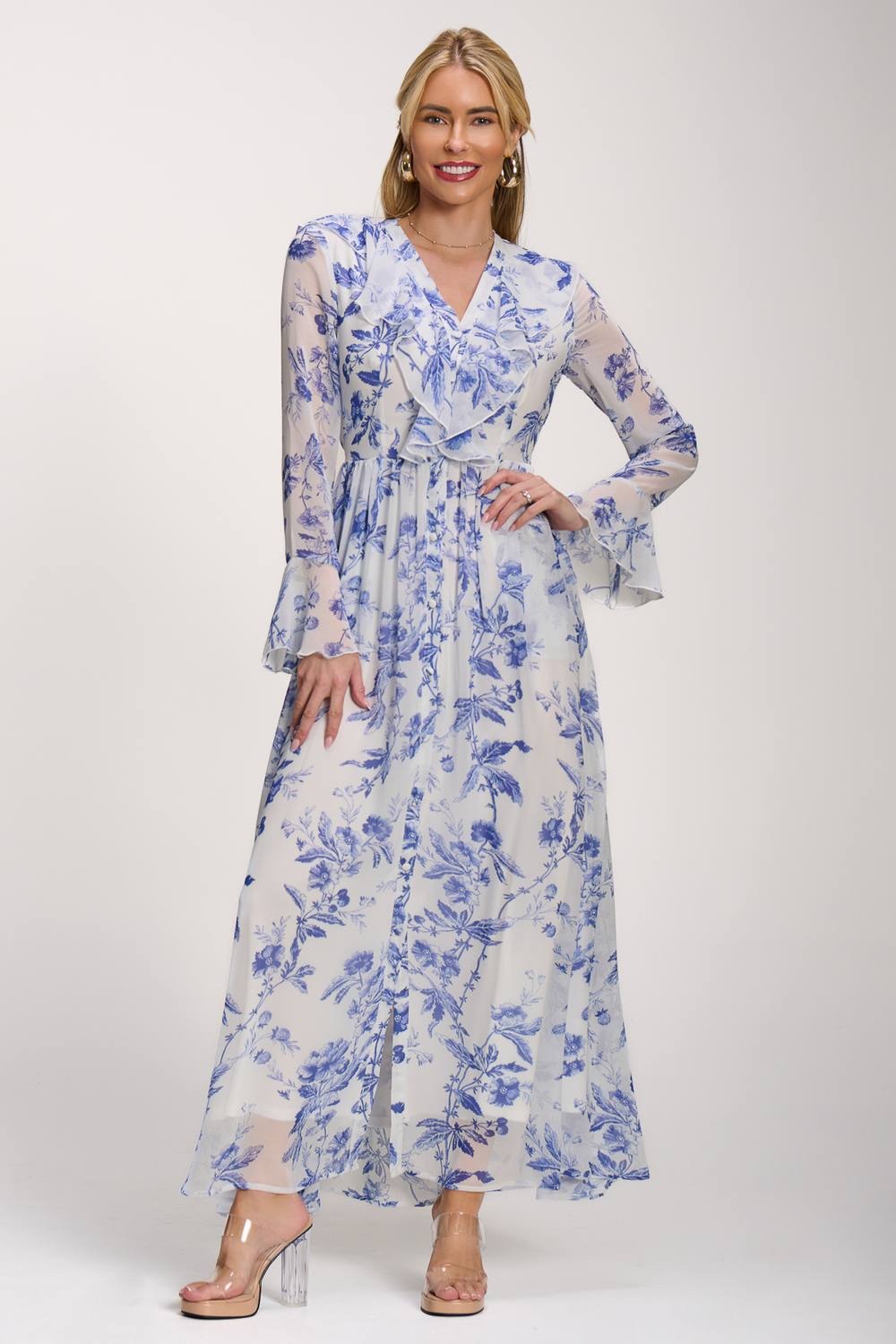 Jolie Moi Long Sleeve Chiffon Ruffle Maxi Dress
