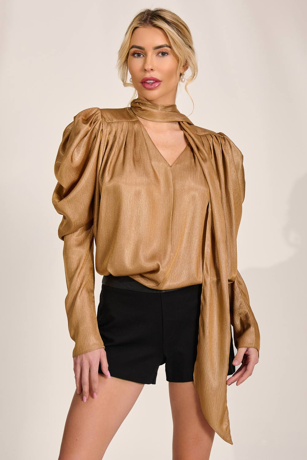 Jolie Moi Bow Neck Puff Sleeve Satin Blouse In Gold