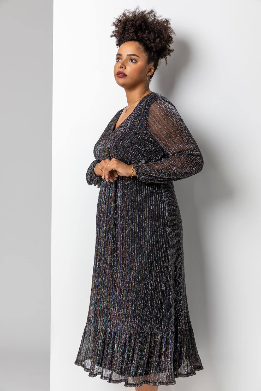 Roman Curve Metallic Plisse Frill Hem Dress In Bronze