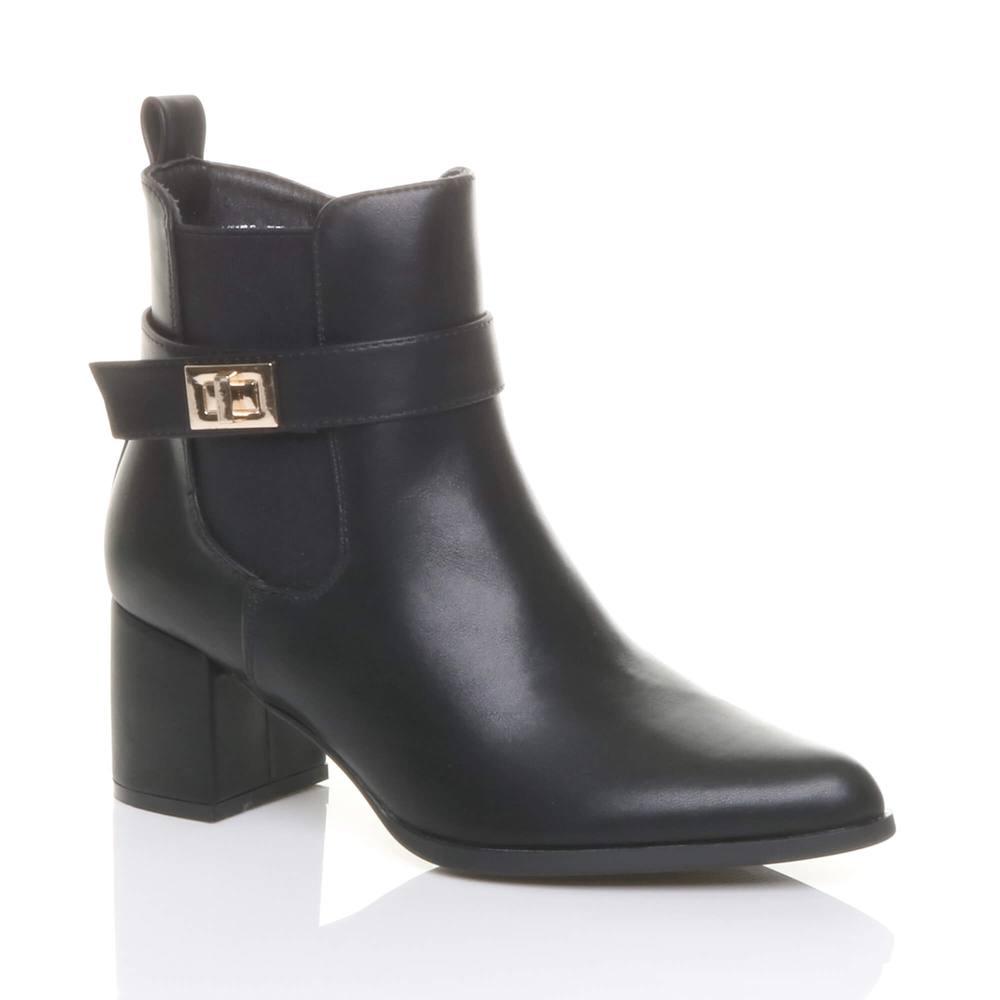 Ajvani Mid Block Heel Pointed Toe Smart Casual Chelsea Ankle Boots In Black
