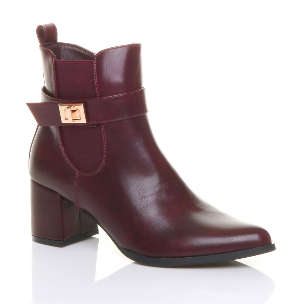 Ajvani Mid Block Heel Pointed Toe Smart Casual Chelsea Ankle Boots In Burgundy