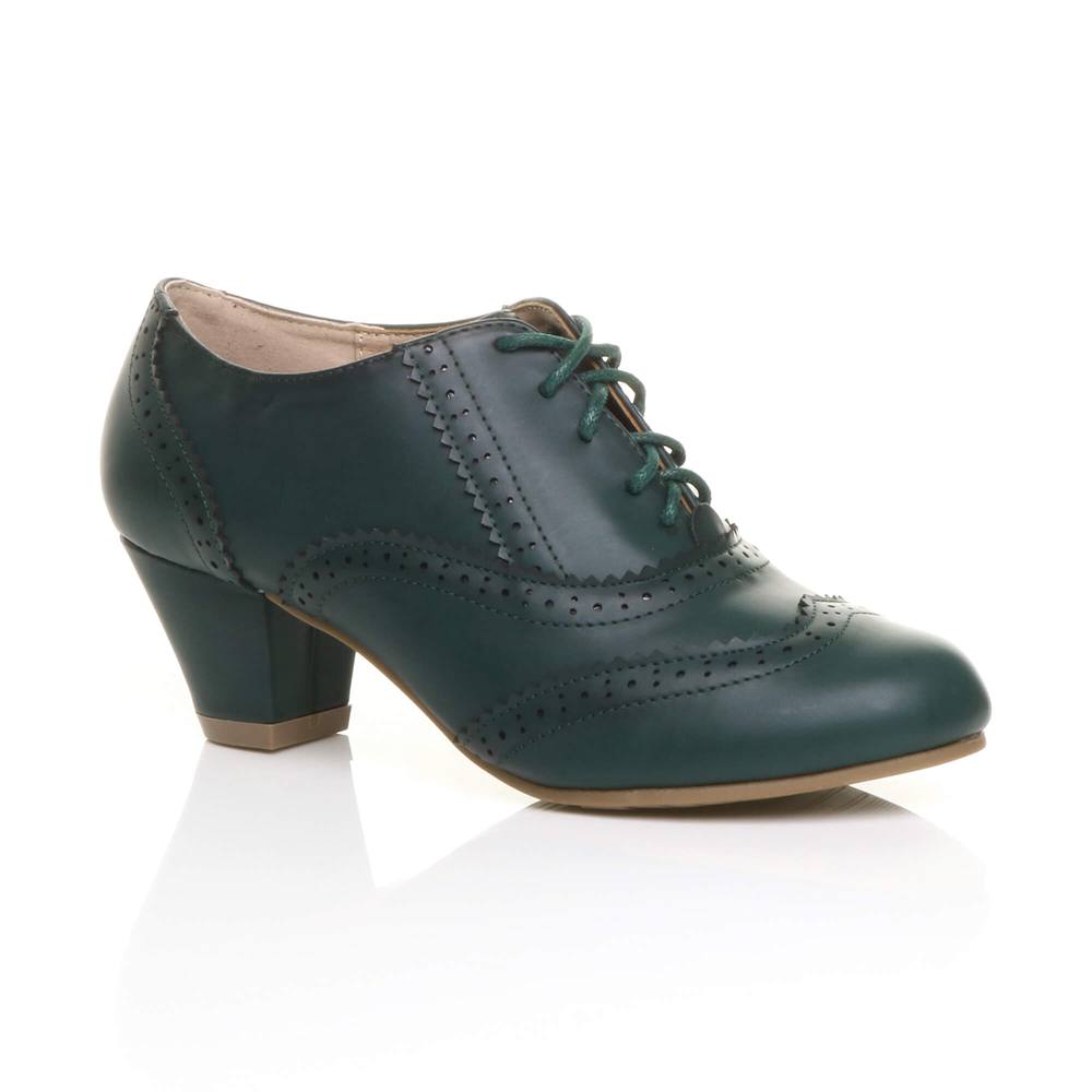 Ajvani Mid Cuban Heel Brogue Faux Leather Ankle Boots In Teal