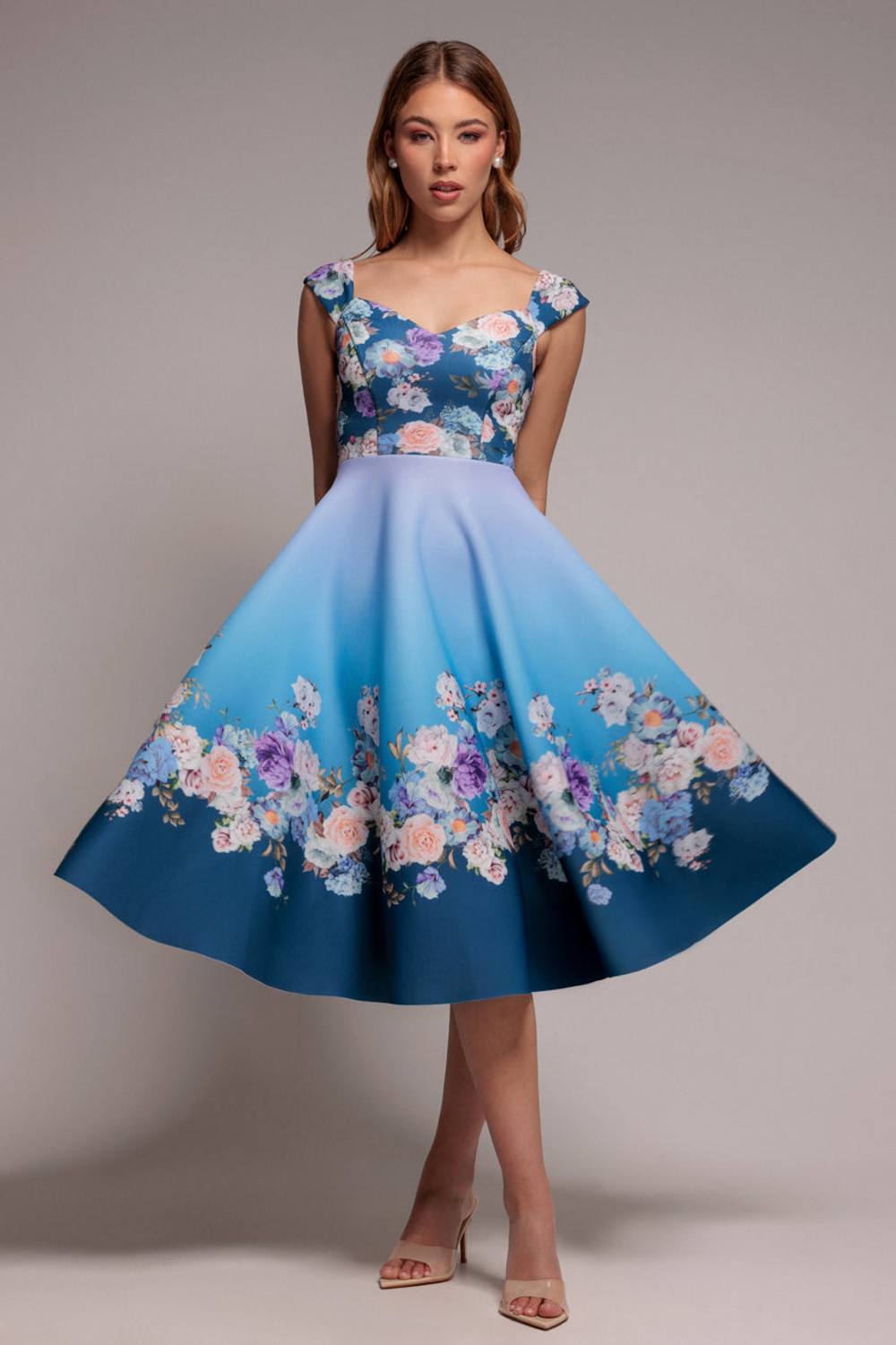 Goddiva Floral Printed Scuba Foam Skater Dress In Blue