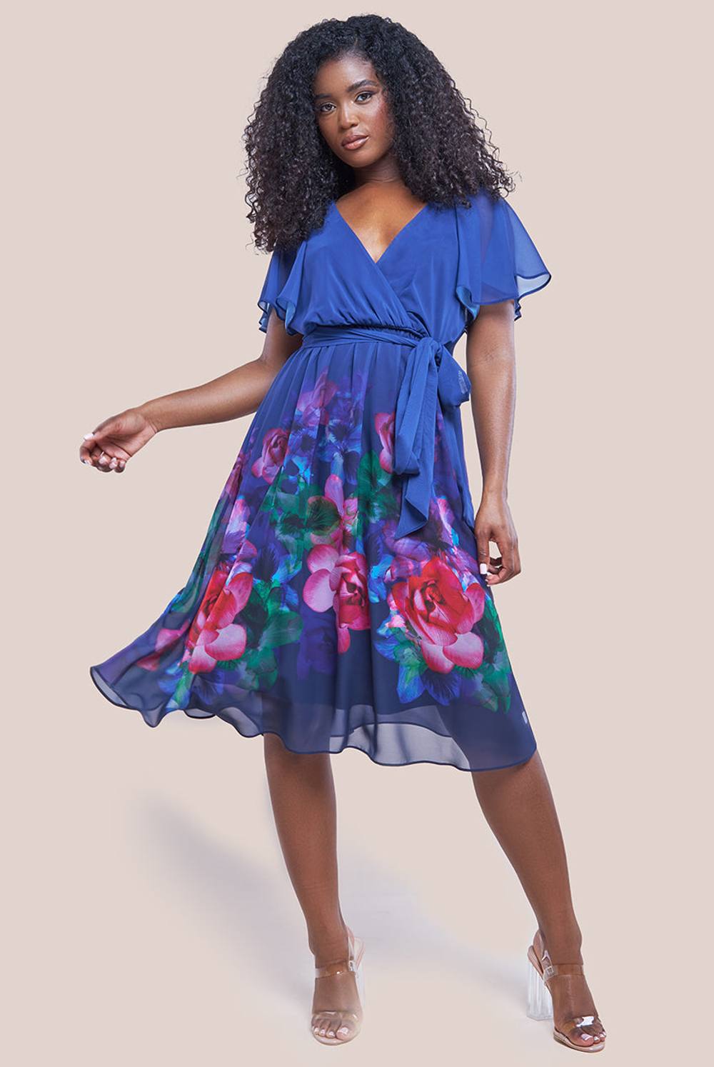 Goddiva Chiffon Floral Border Print Midi Dress In Navy