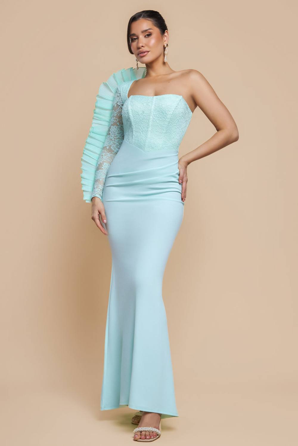 Goddiva One Shoulder Organza Fan Detail Lace Bodice Maxi Dress In Mint