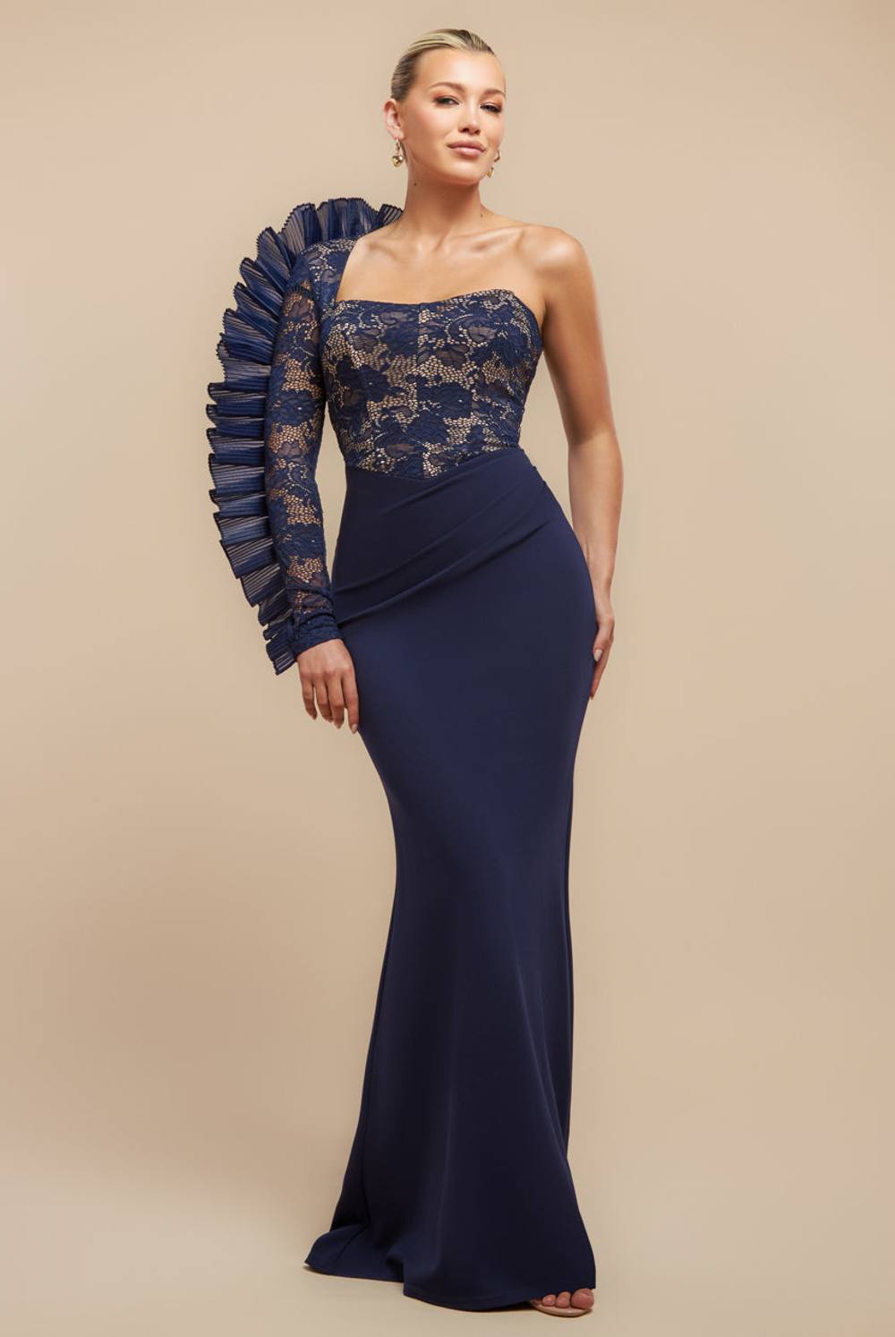 Goddiva One Shoulder Organza Fan Detail Lace Bodice Maxi Dress In Navy