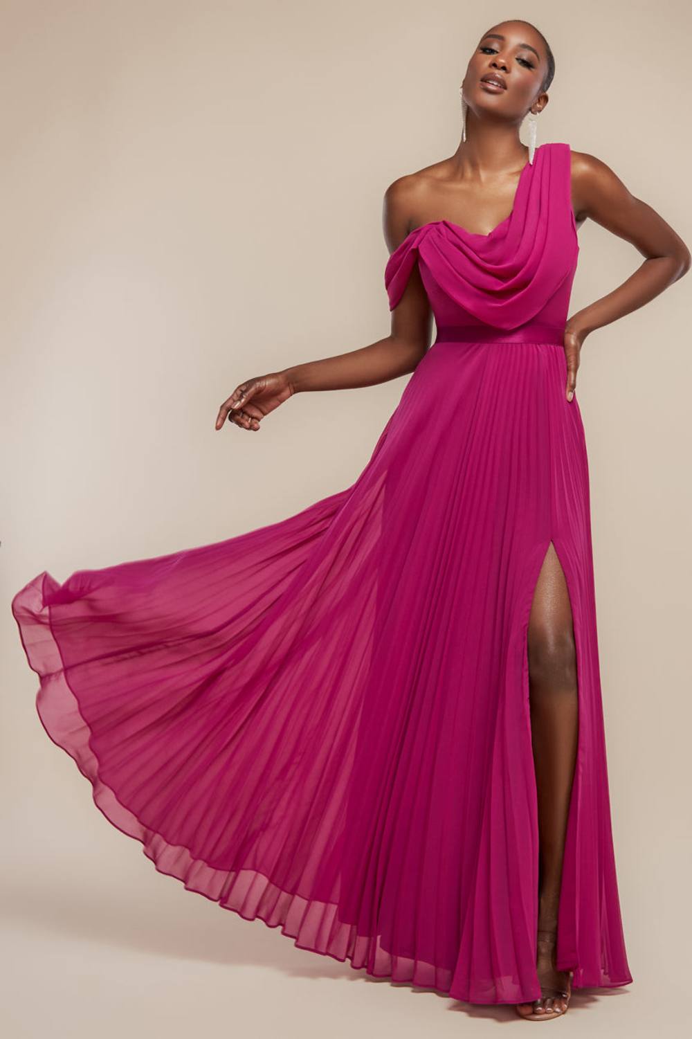 Goddiva Cowl Neck One Shoulder A Line Chiffon Maxi Dress In Magenta