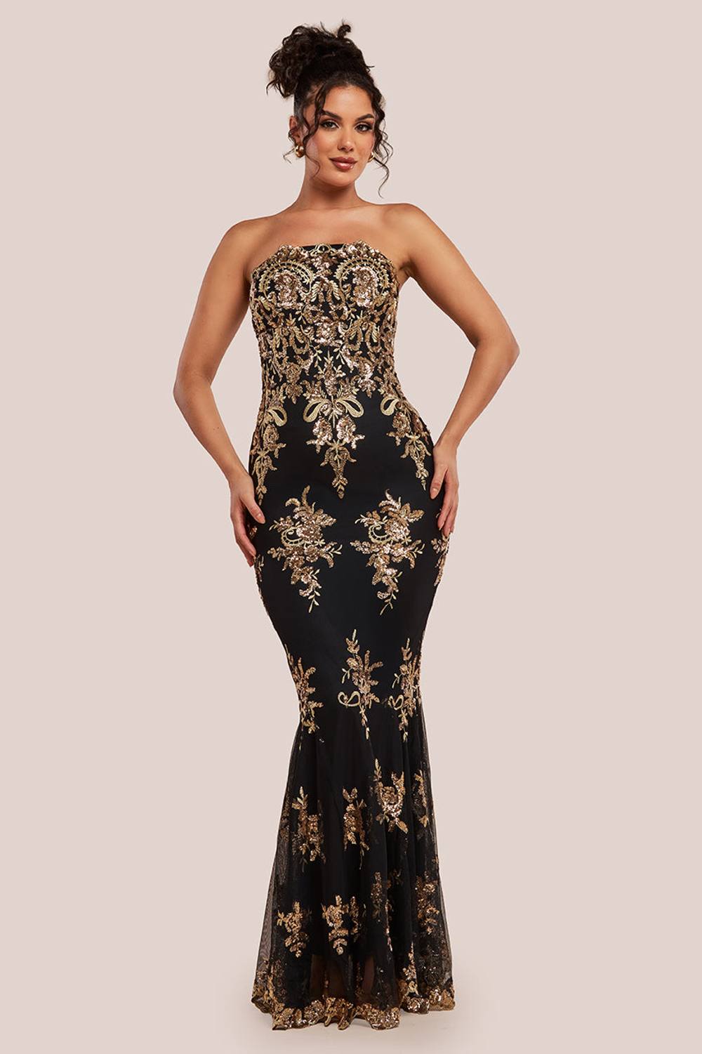Goddiva Scallop Bandeau Sequin Mesh Maxi Dress In Metallic Gold