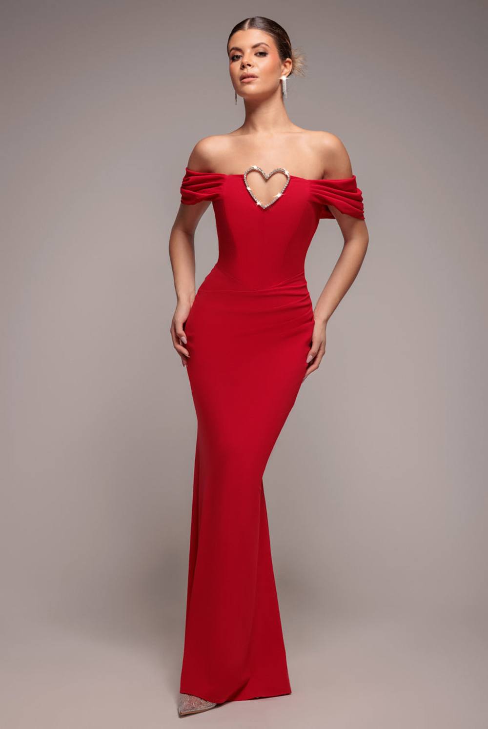 Goddiva Diamante Heart Trim Evening Maxi Dress In Red