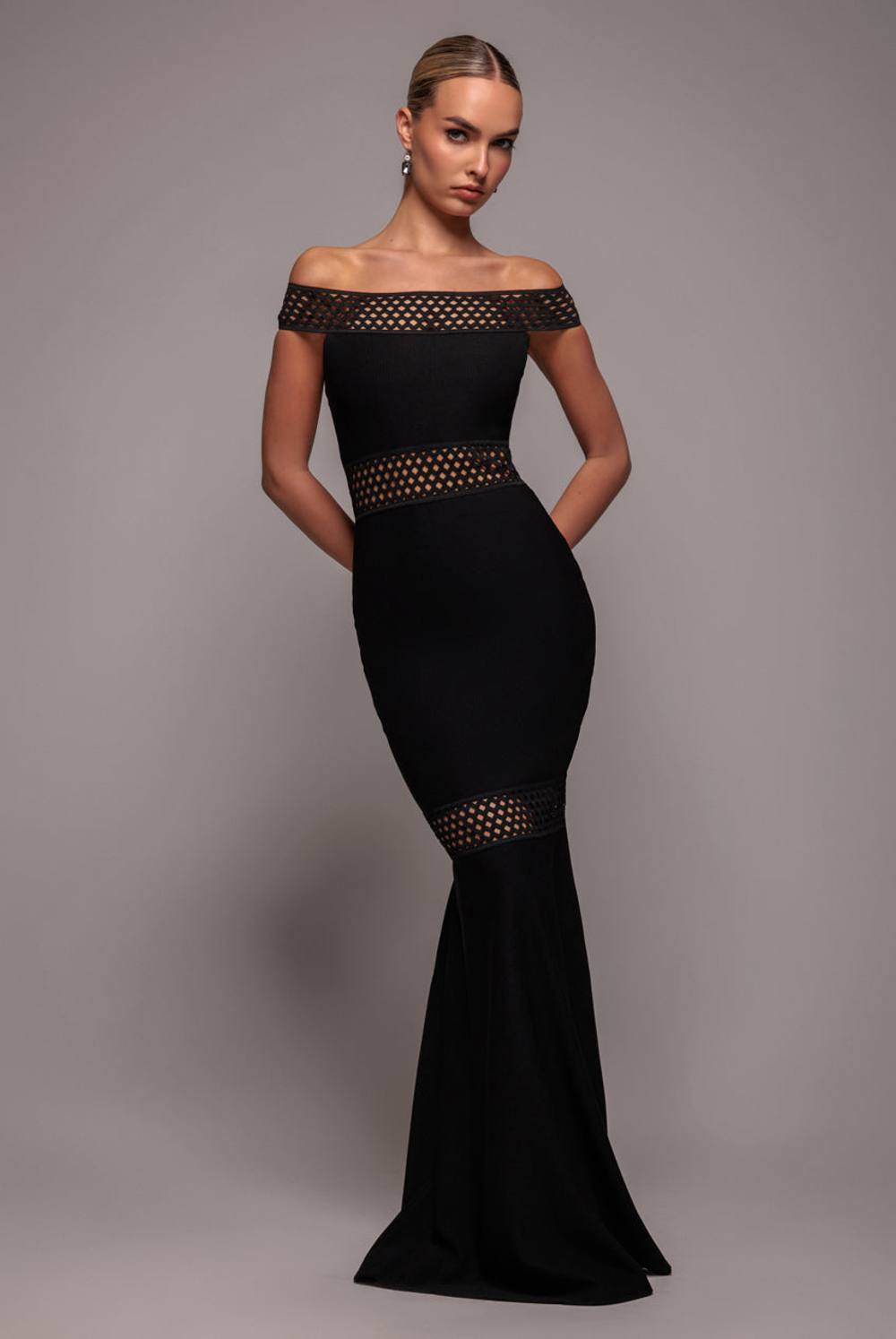 Goddiva Off The Shoulder Ribbed Bodycon Maxi Dress In Black