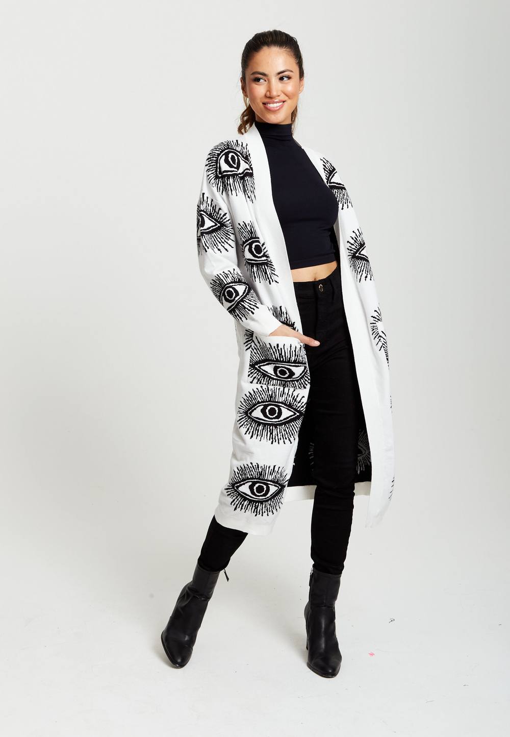 Liquorish Eye Pattern Longline Cardigan In White