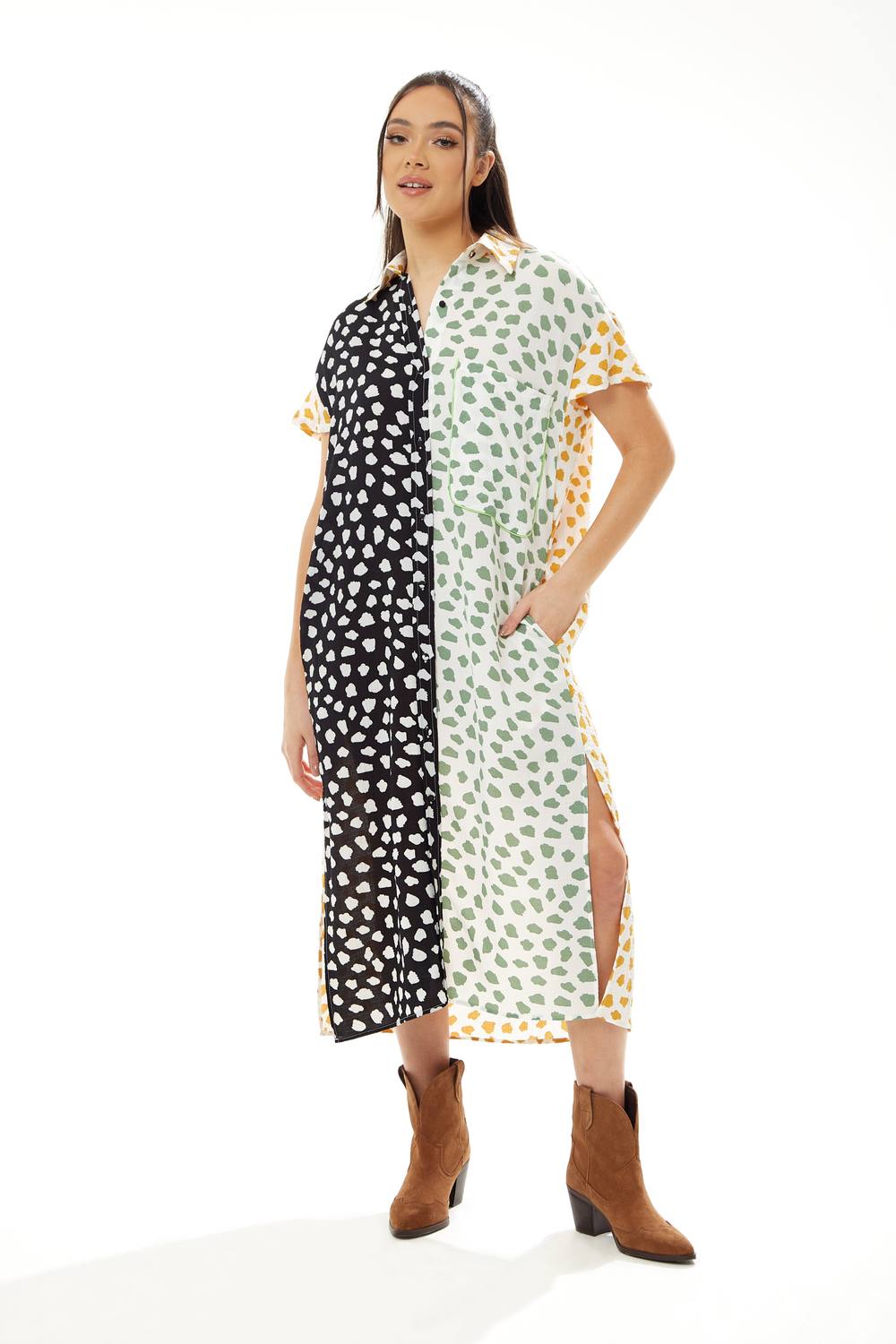 Liquorish Animal Print Oversized Shirt Dress With Yellow Collar