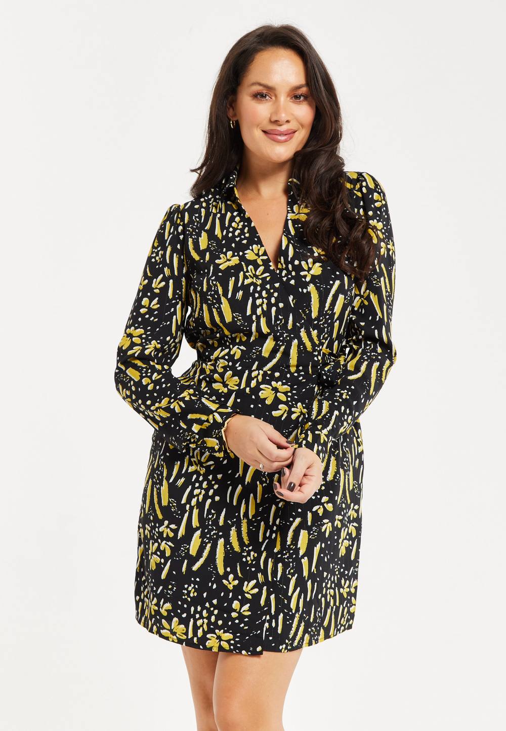 Liquorish Black & Yellow Painterly Mini Dress