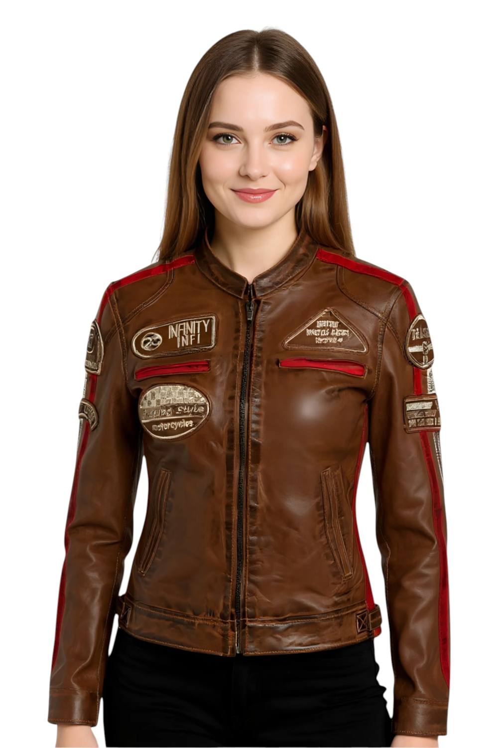 Infinity Leather Leather Biker Racing Badges Jacket-Dalby In Tan
