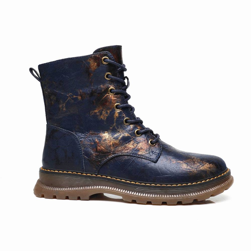Ivachy Combat Boots- Chunky - Lace Up Ankle Boots- Zip Up Closure In Navy
