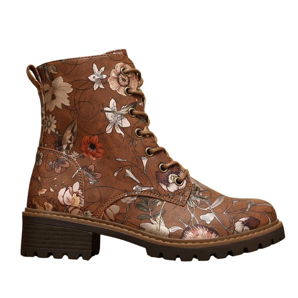 Ivachy Floral Lace-Up Ankle Boots With Side Zip In Tan