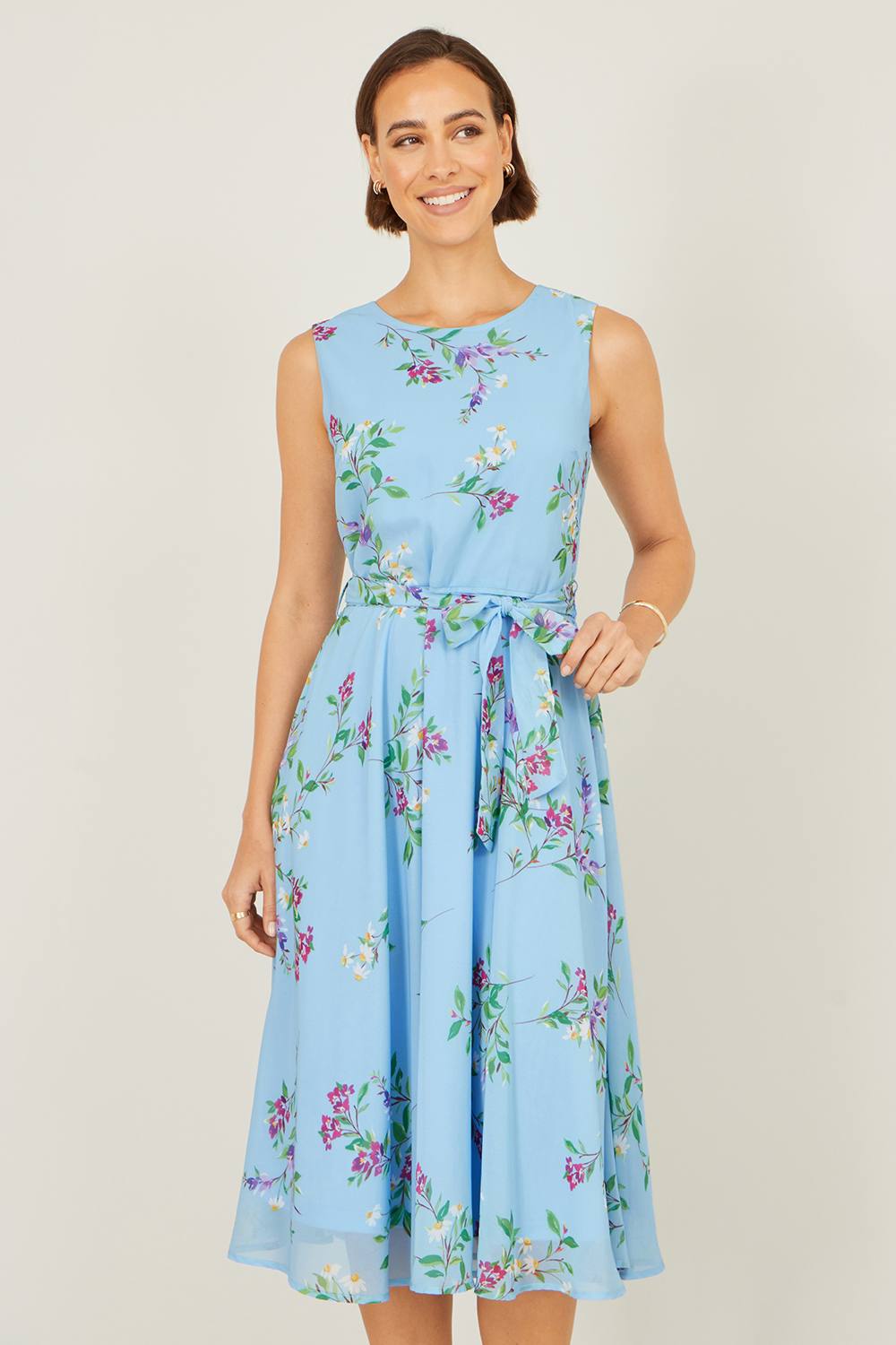 Yumi Floral Print Midi Skater Dress In Blue