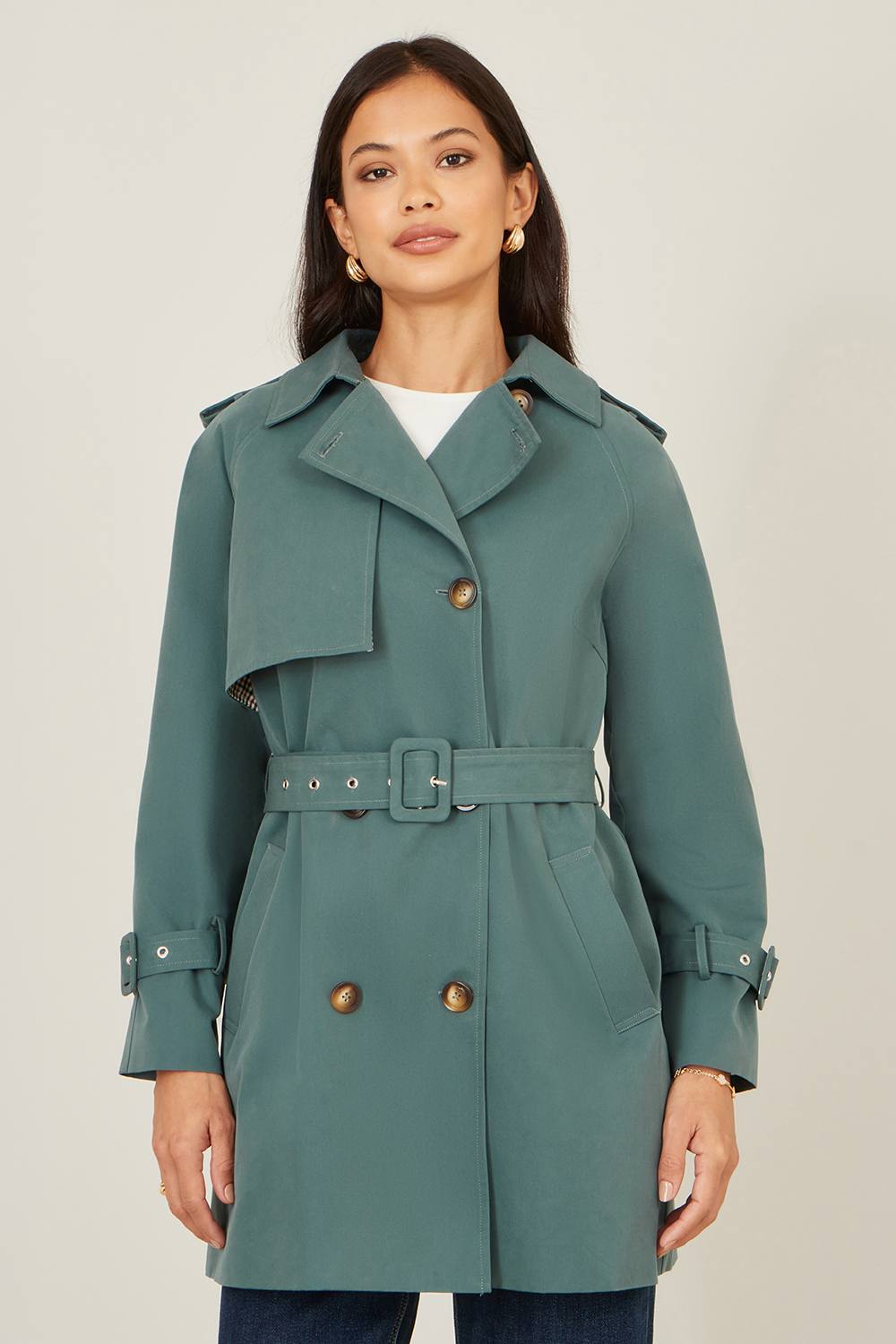Yumi Teal Belted Trench Coat With Check Lining