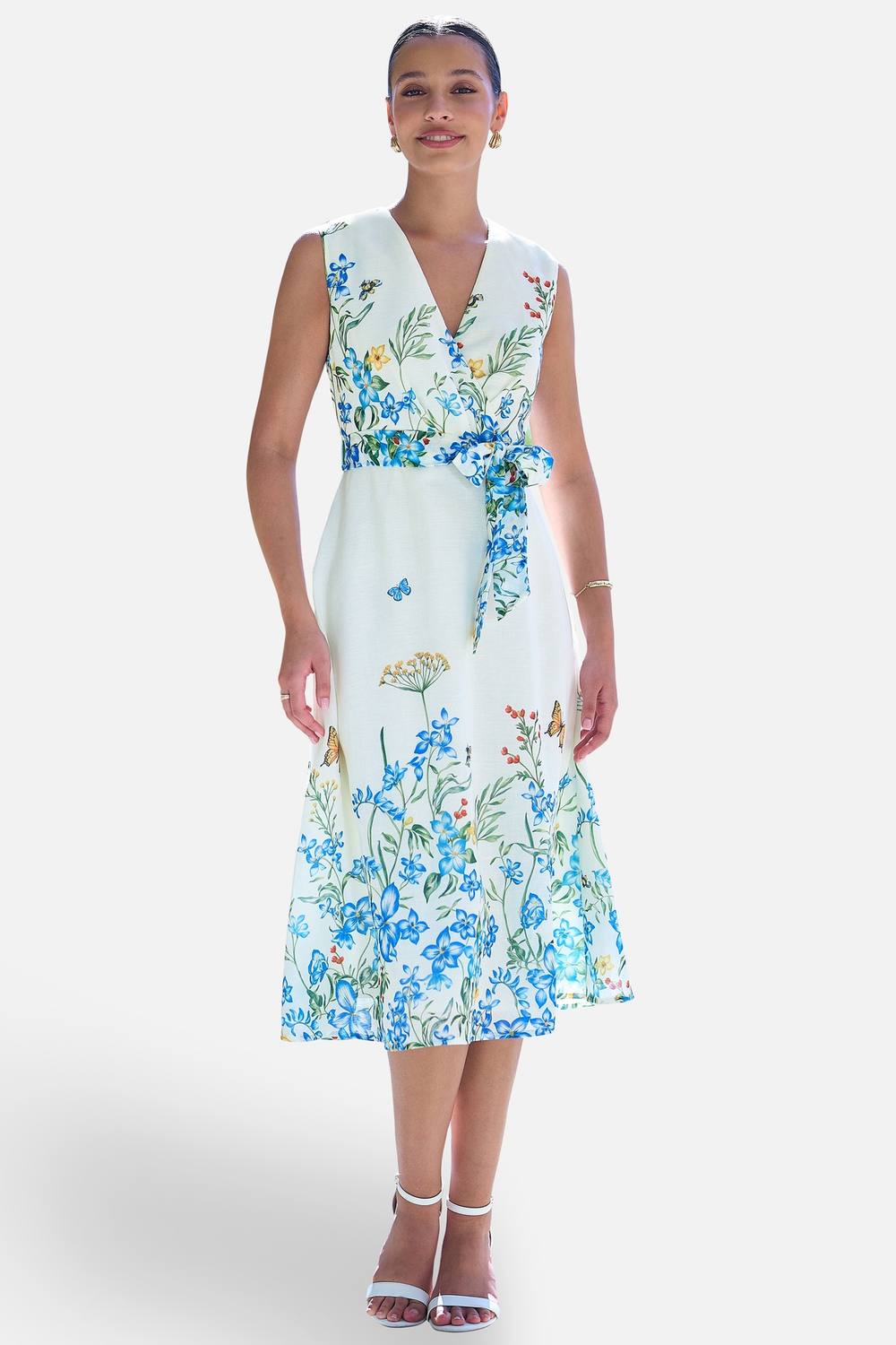 Yumi Ivory Butterfly Print Midi Wrap Dress In Soft White