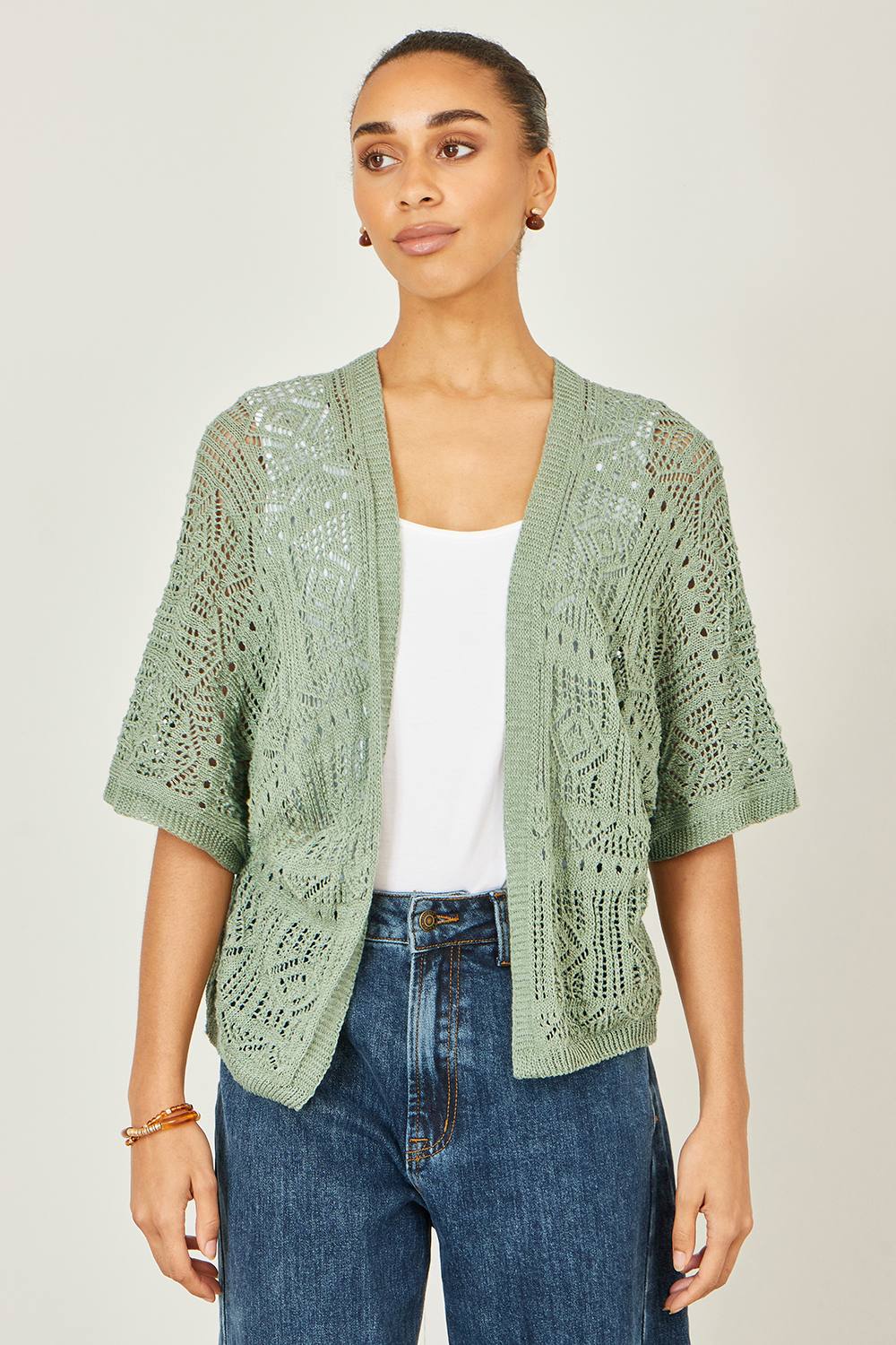 Yumi Crochet Edge To Edge Sleeve Cardigan In Green
