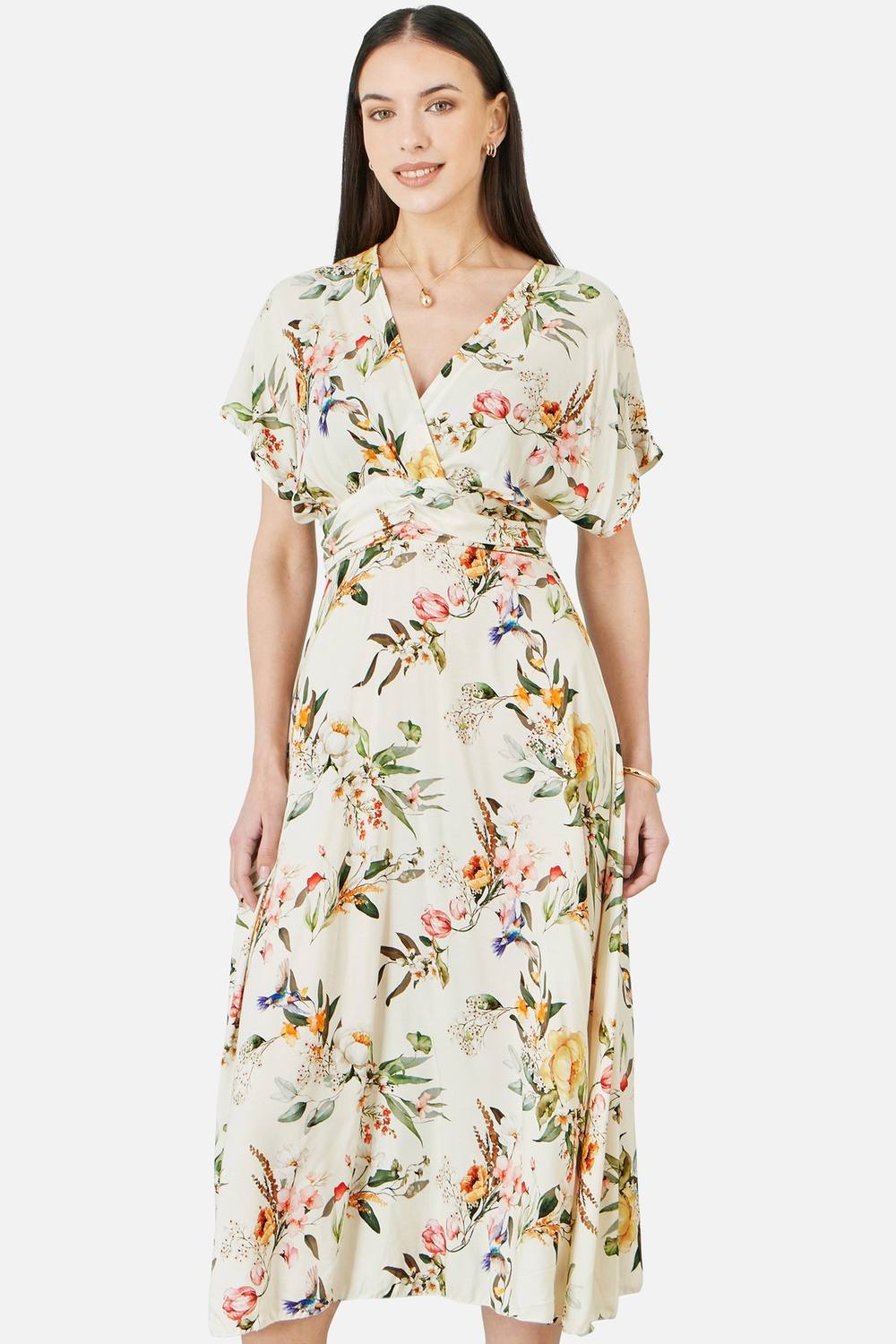 Yumi Viscose Floral Print Midi Dress With Ruched Waist In Warm White