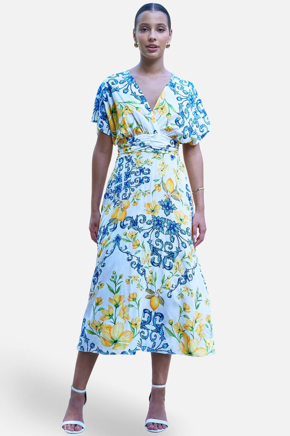 Yumi White Lemon Print Viscose Ruched Waist Midi Dress In Cool White