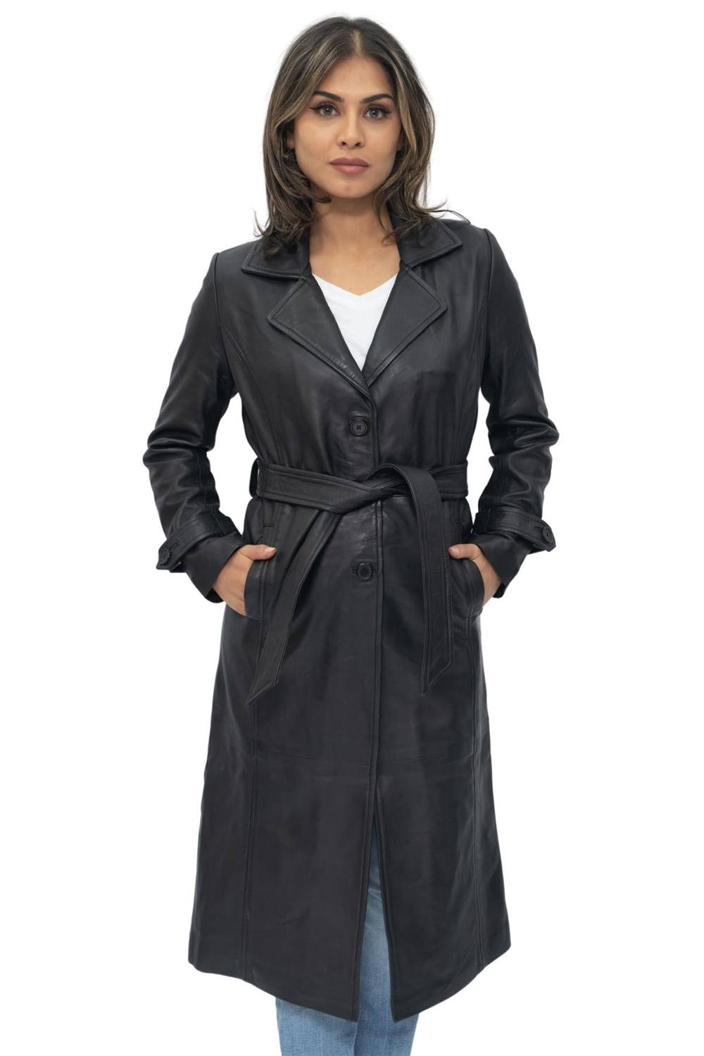 Infinity Leather Full Length Trench Coat-Alhambra In Black
