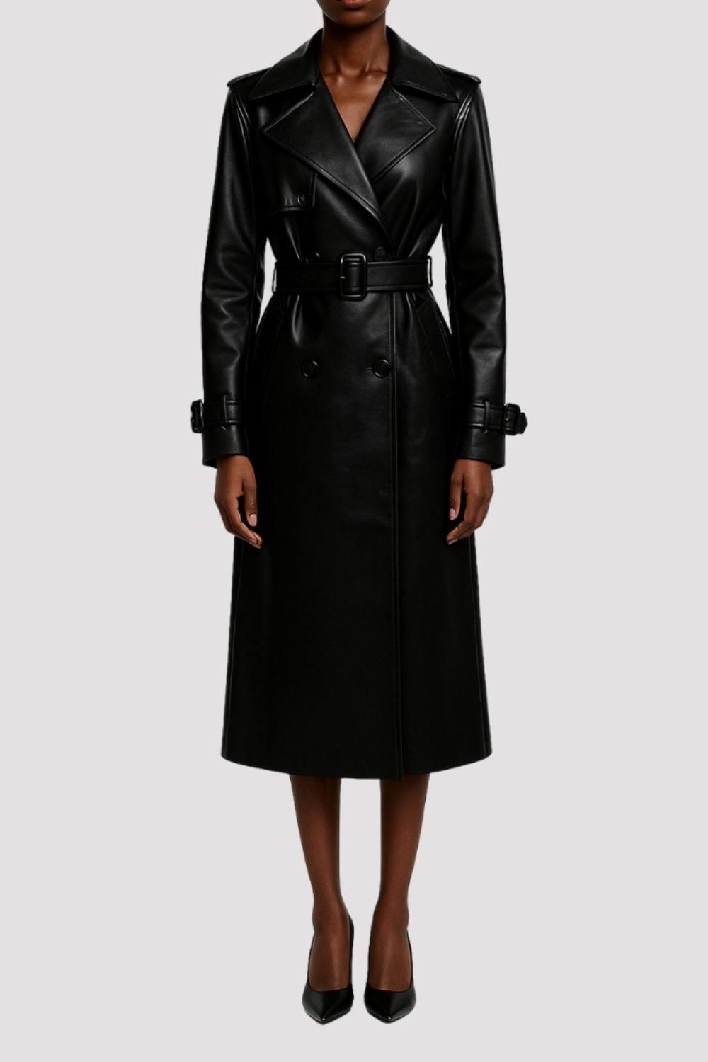 Elle Sophia Pu Long Trench Coat In Black