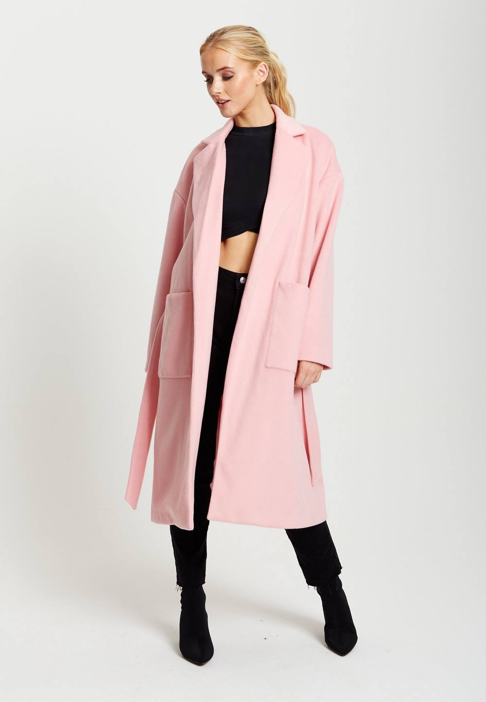 Liquorish Belted Longline Coat In Pink