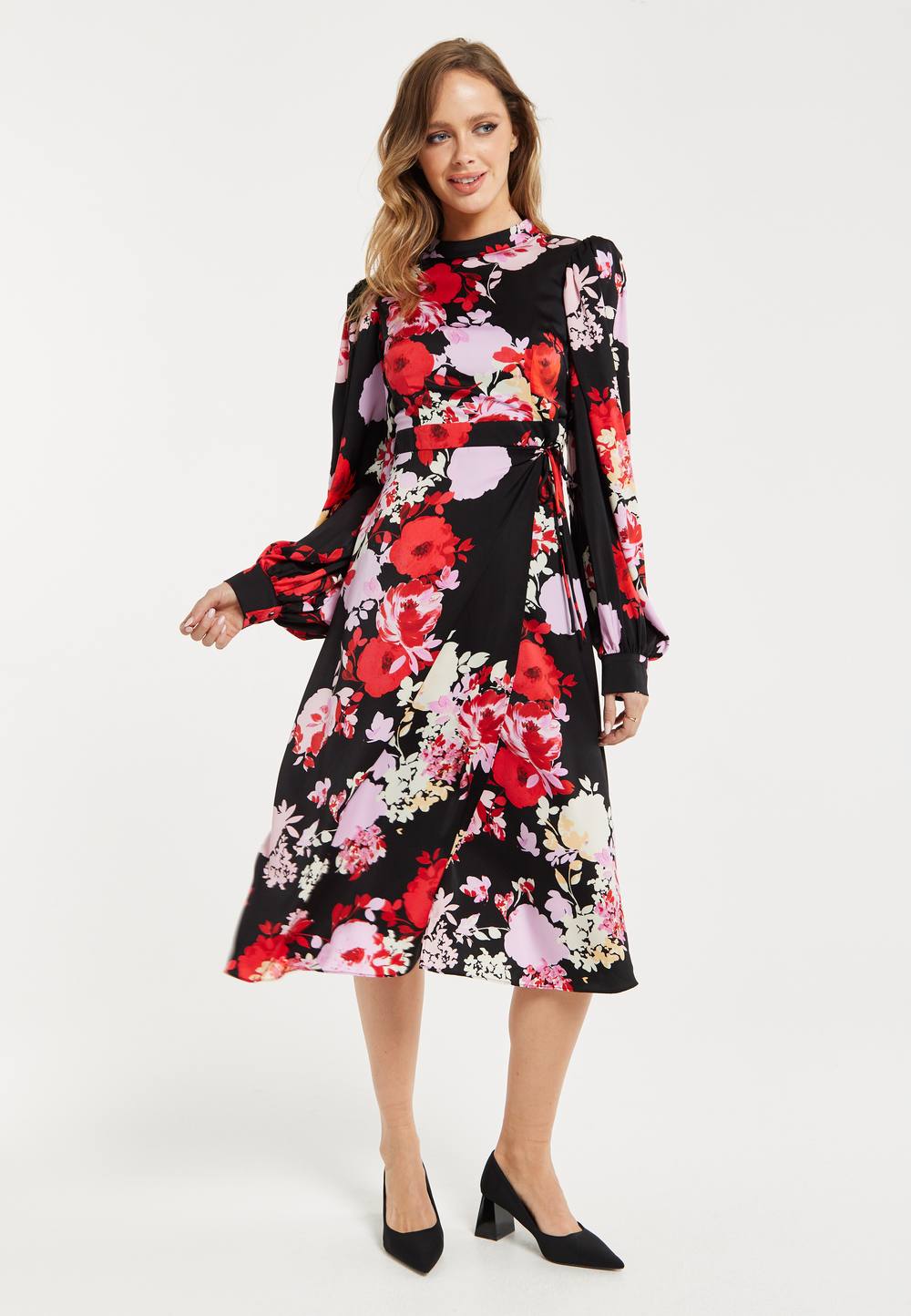 Liquorish Rose Print Midi Wrap Dress With Open Back Detail In Black