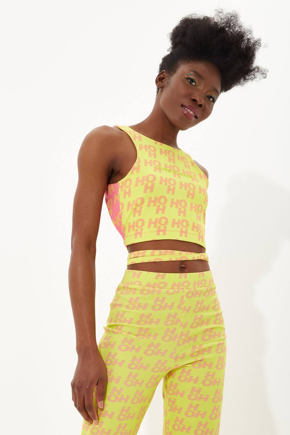 House Of Holland Printed Jersey Crop Top With Open Back In Contrast Colours In Yellow