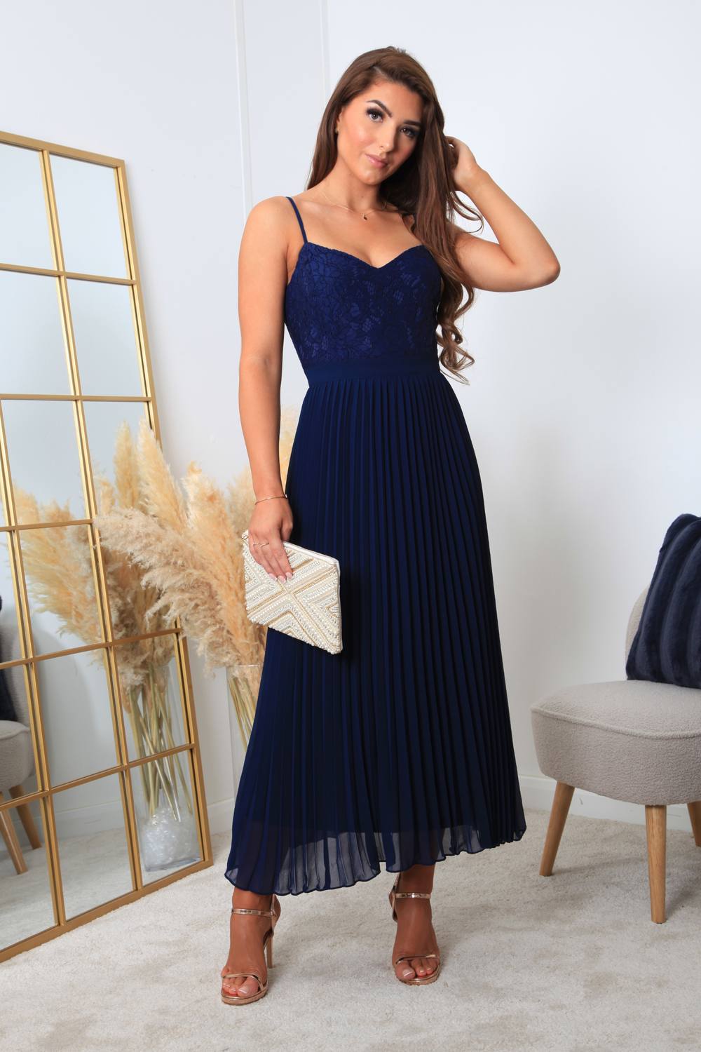 Double Second Strappy Pleated Lace Dress In Navy