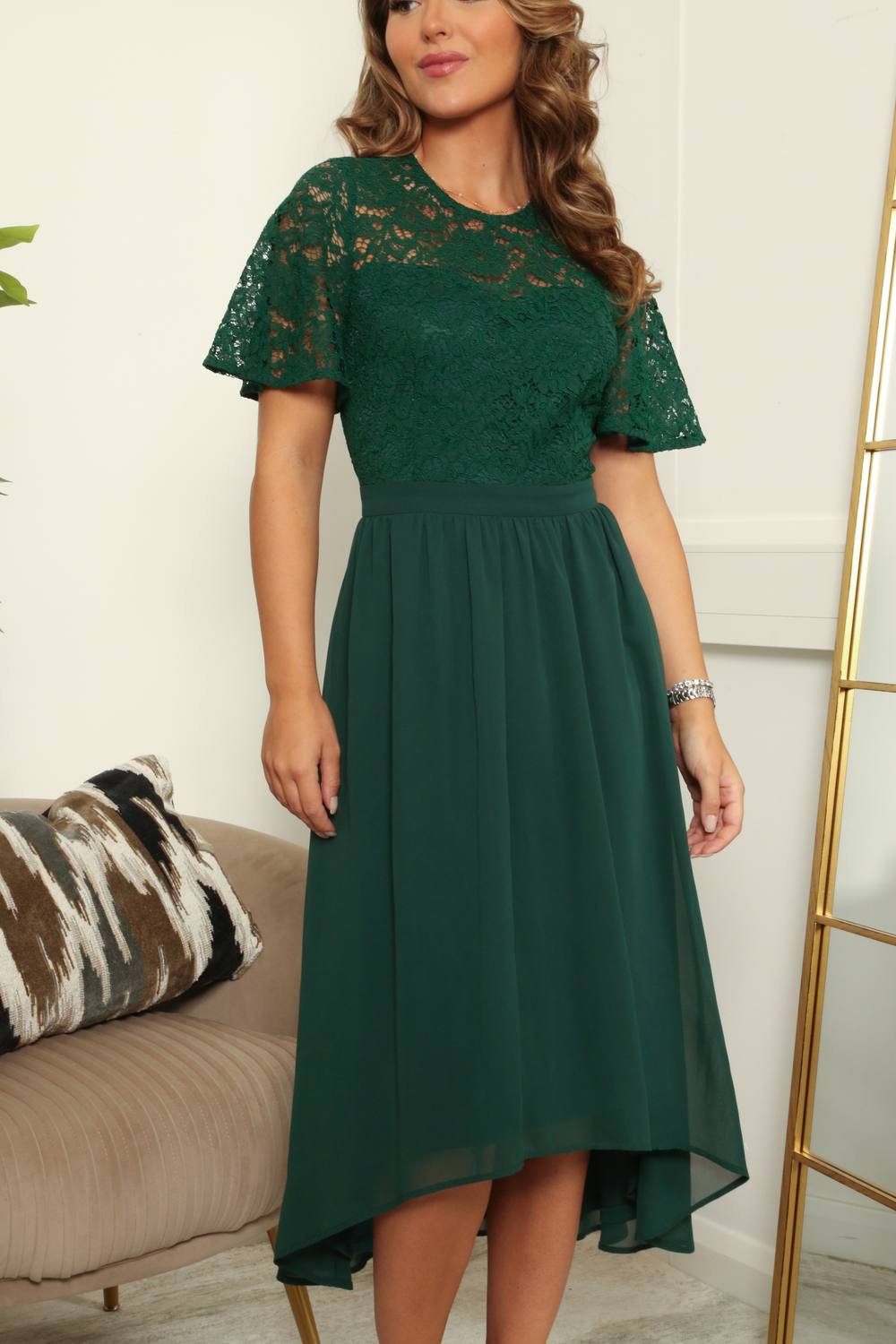 Double Second Lace Top Chiffon Skirt Midi Dress In Green