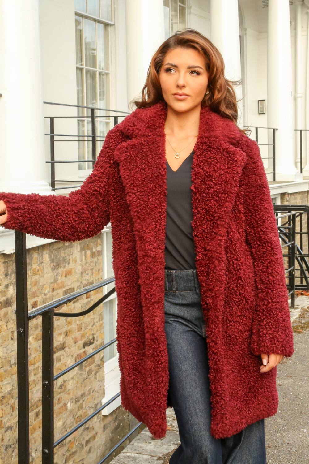 Double Second Luxury Teddy Bear Fur Coat In Burgundy