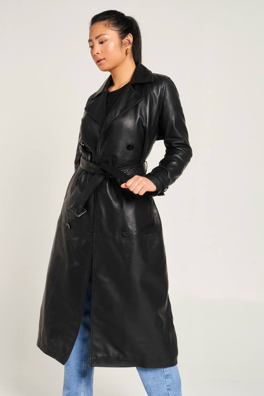 Barneys Originals Real Leather Trench Coat In Black