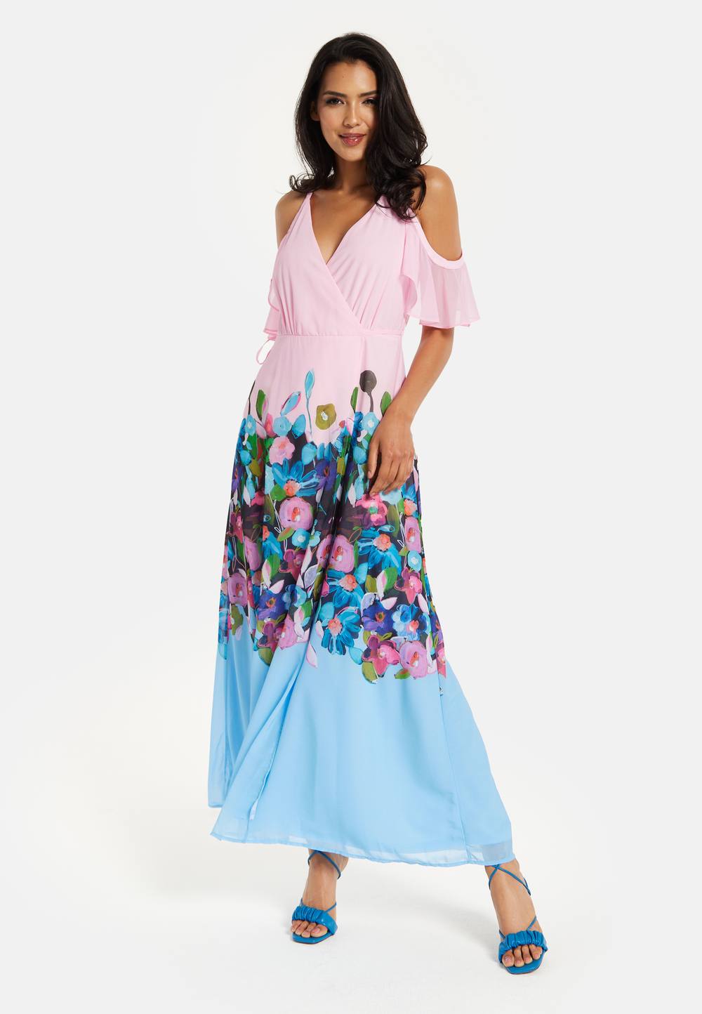 Liquorish Floral Print Maxi Wrap Dress With Frill Details In Blue And Pink