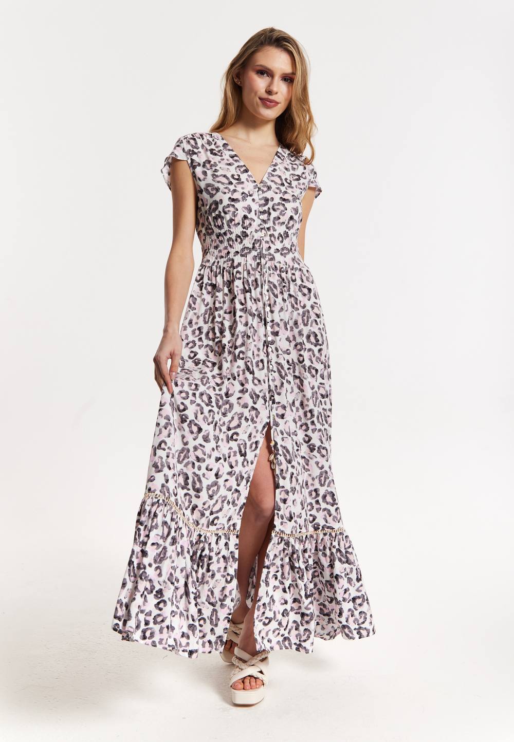 Liquorish Animal Print Maxi Dress With Front Slit In Pink