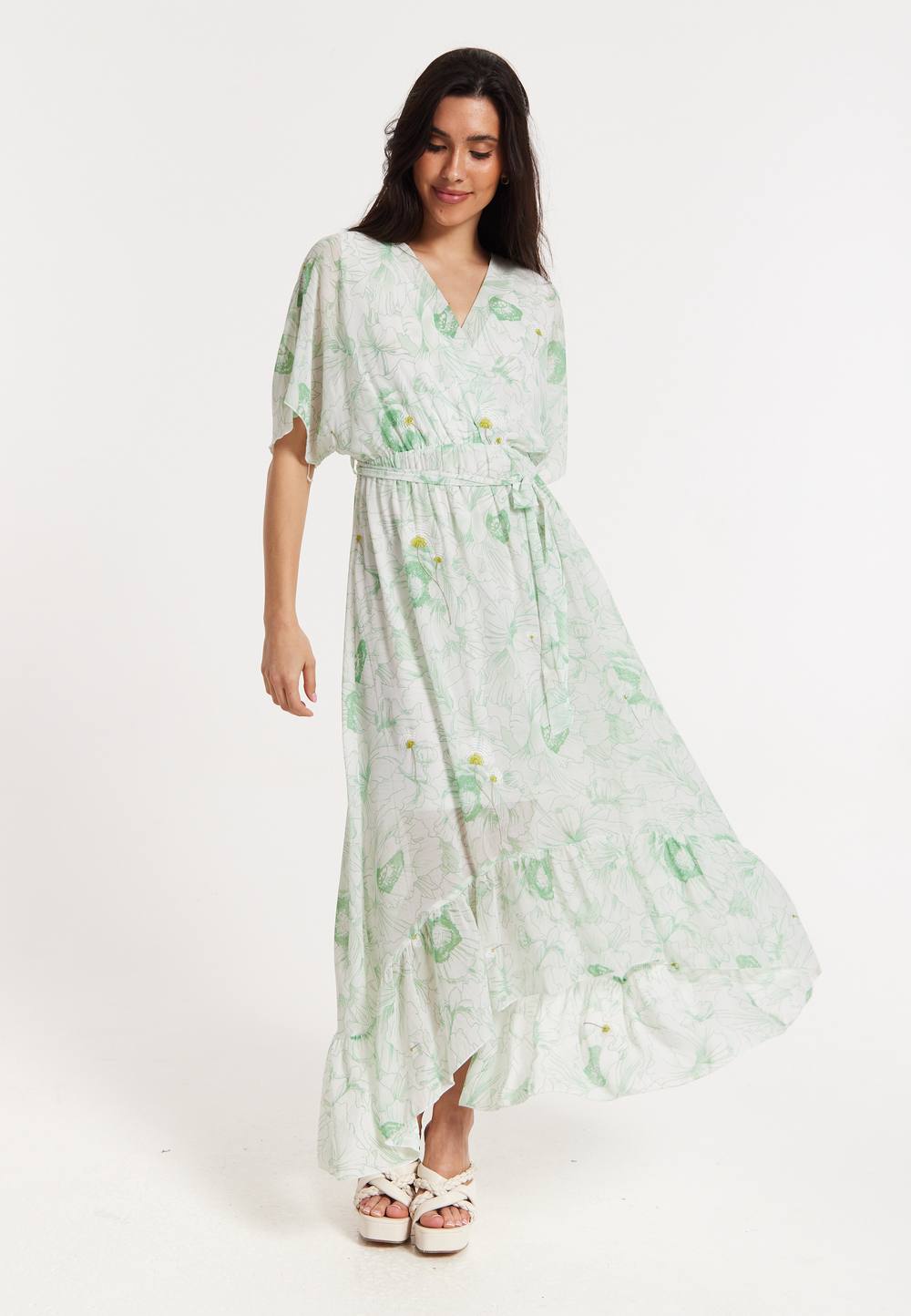 Liquorish Floral Embroidered Wrap Front Maxi Dress In White