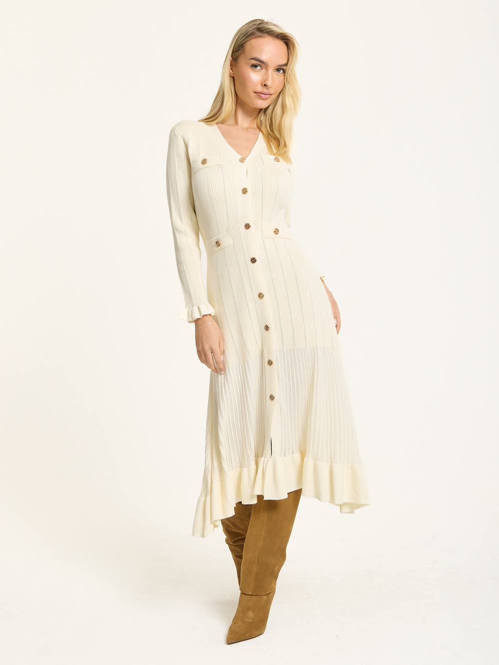 Liquorish Button Down Knit Midi Dress In White