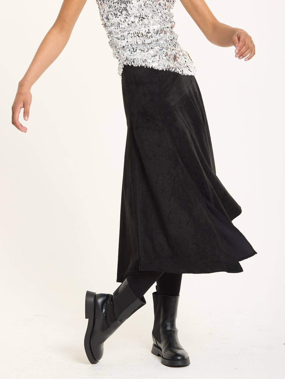 House Of Holland Black Faux Suede Asymmetric Midi Skirt
