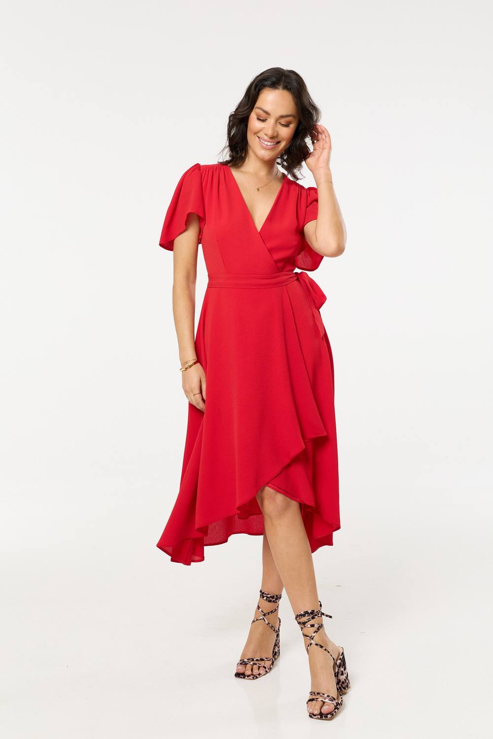 Liquorish Red Wrap Midi Dress With Flutter Sleeves