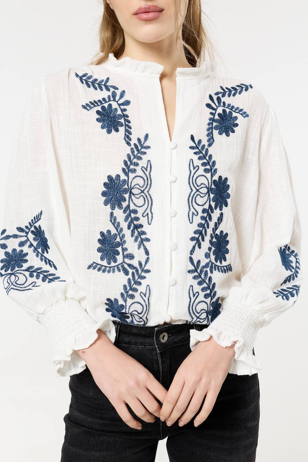 Liquorish Cream Embroidered Cotton Boho Blouse In White