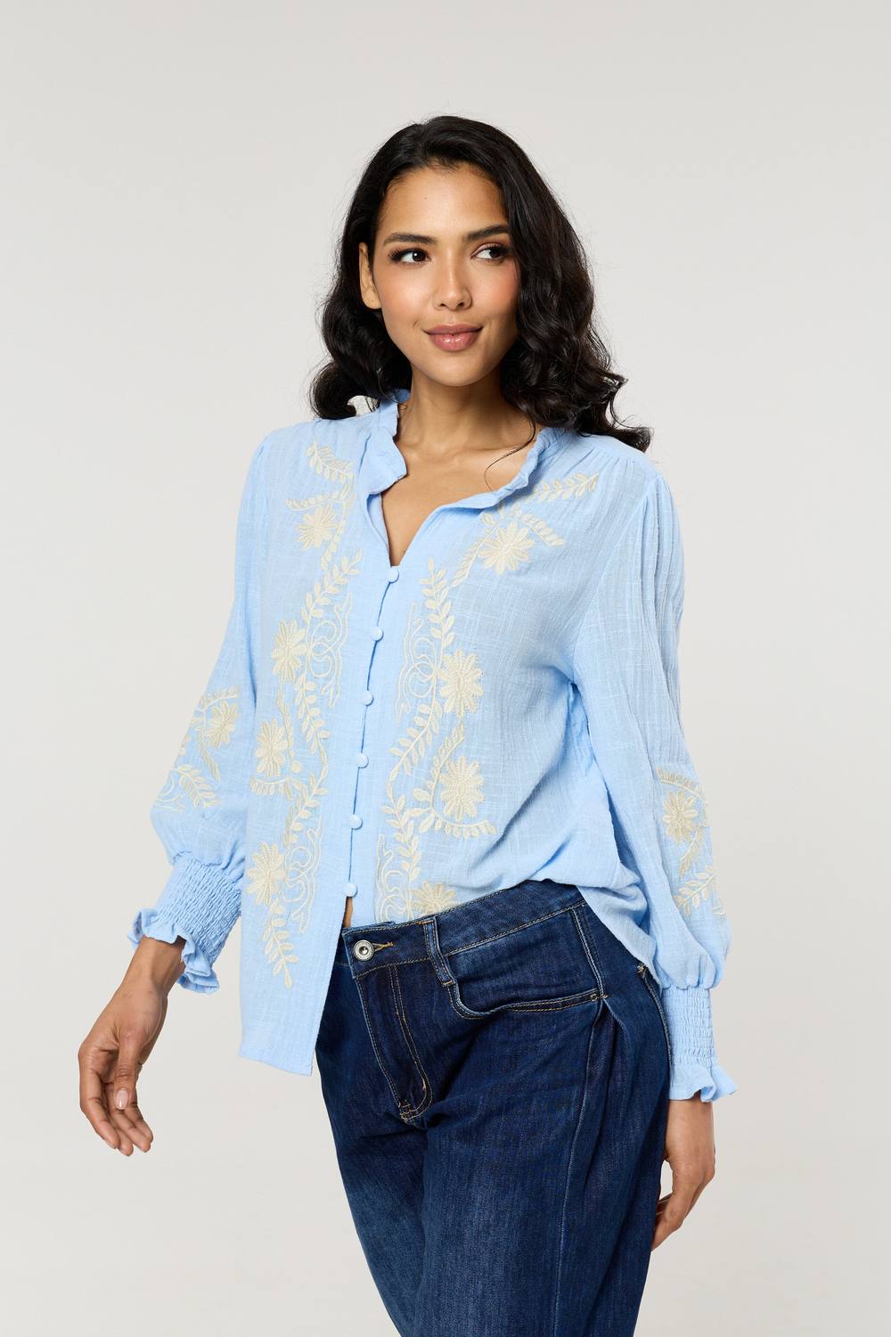 Liquorish Blue Embroidered Cotton Boho Blouse