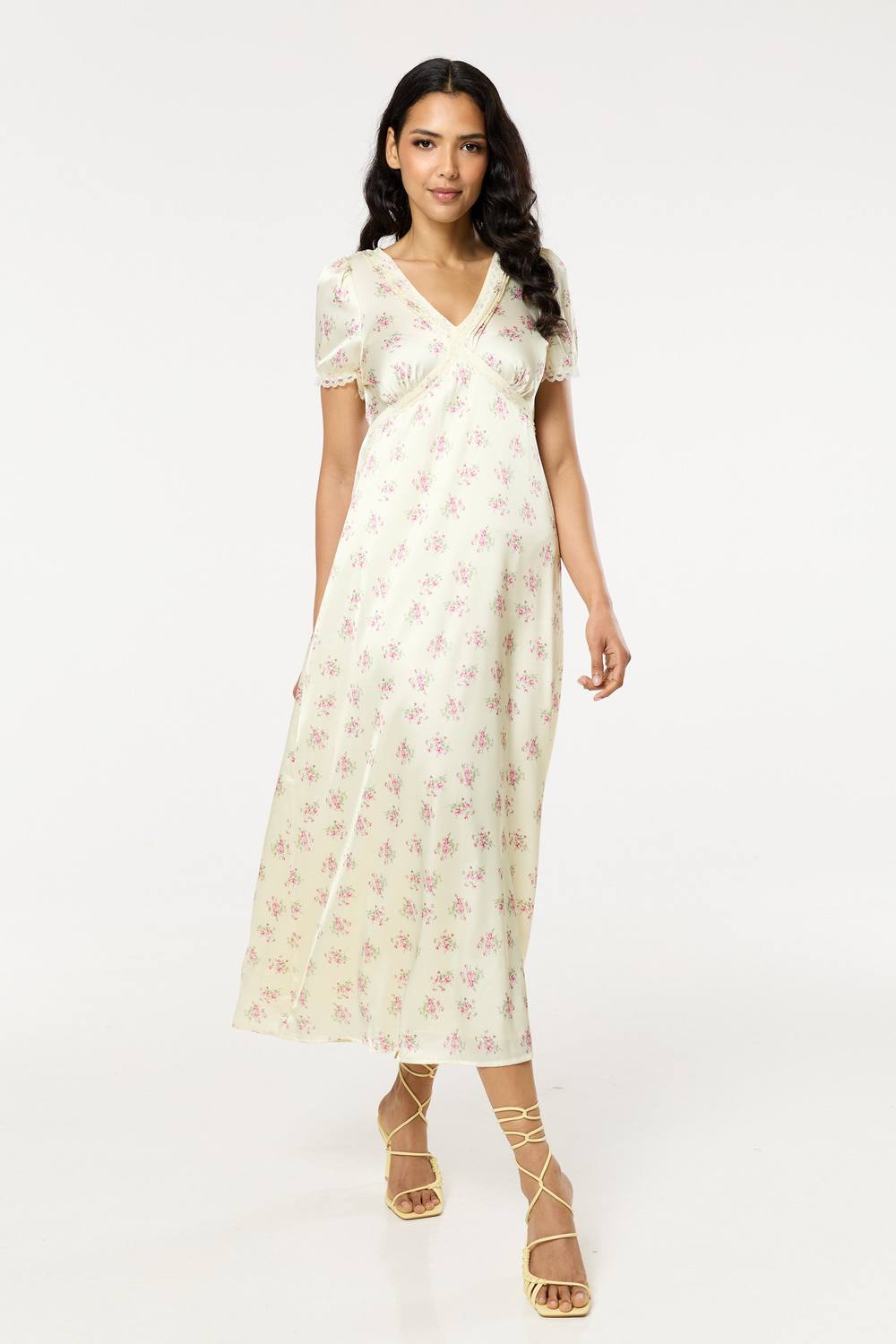 Liquorish Yellow Floral V Neck Midi Dress