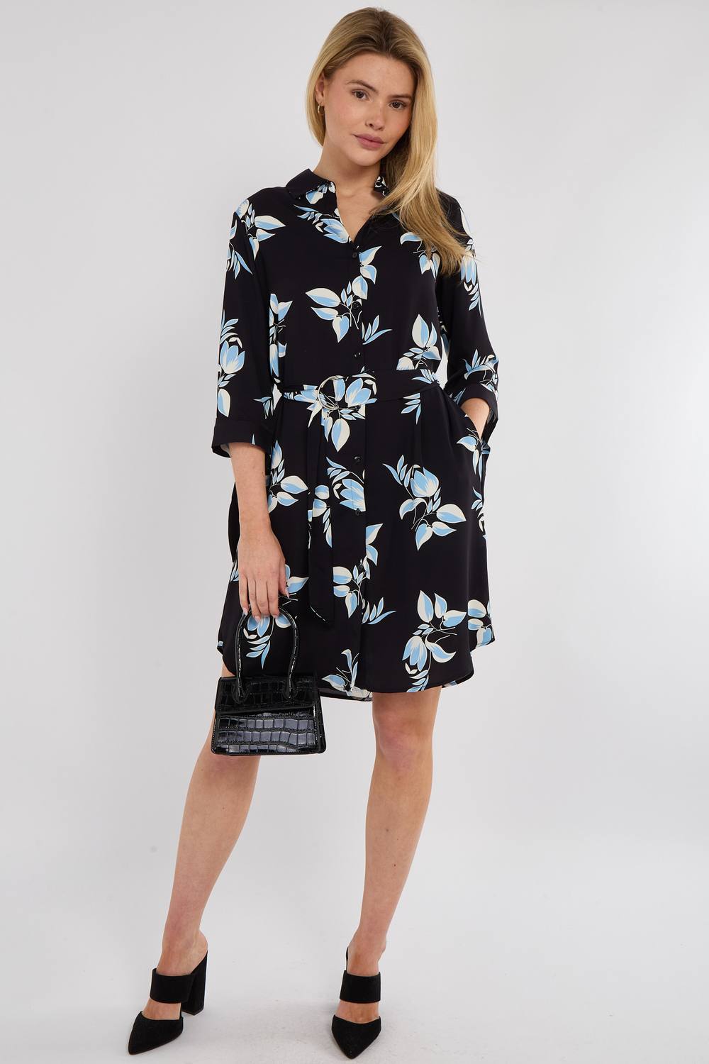 Love Sunshine Blue Leaf Print Half Sleeve Mini Shirt Dress In Black