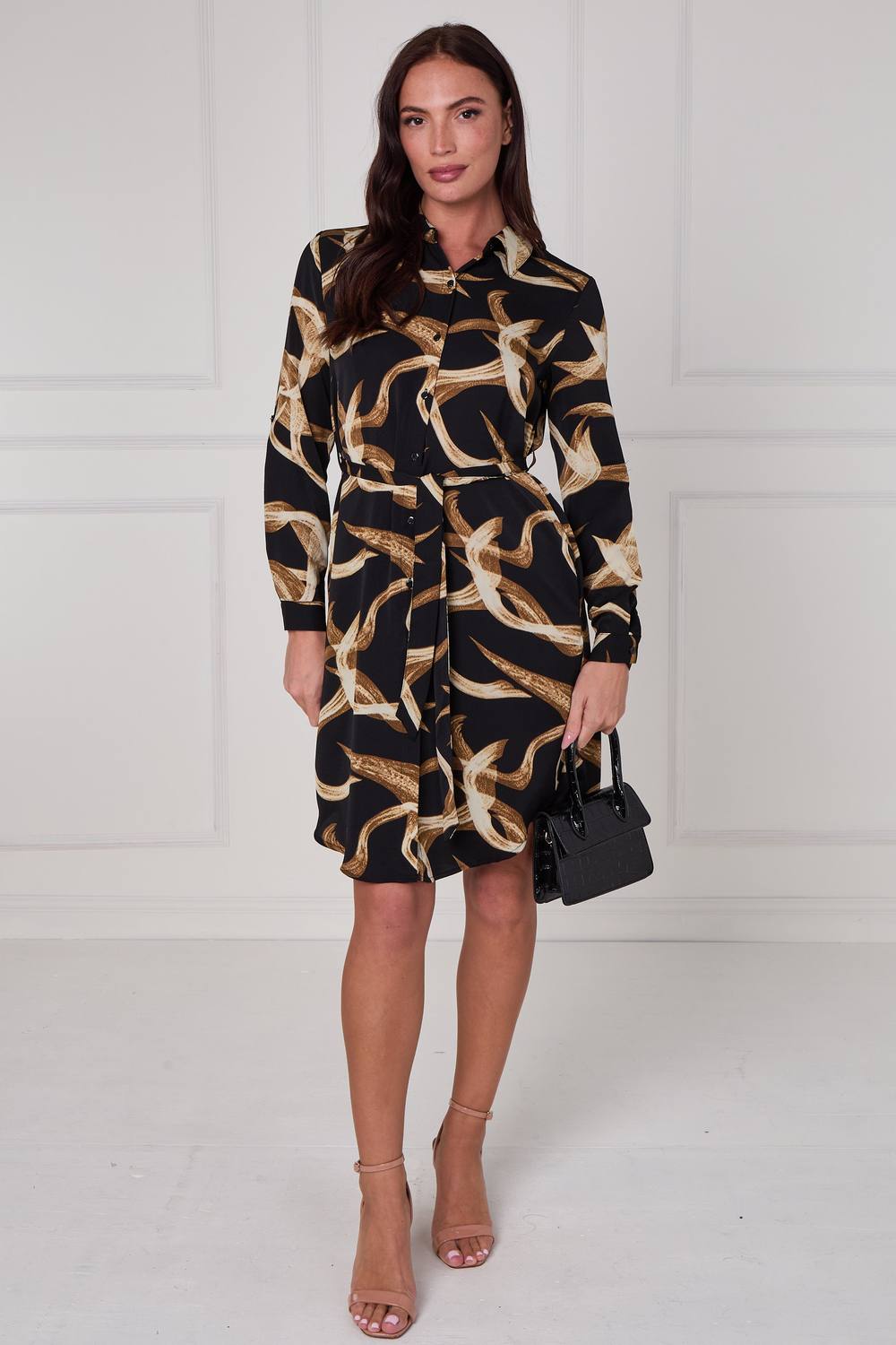 Love Sunshine Black And Gold Abstract Swirl Print Mini Shirt Dress