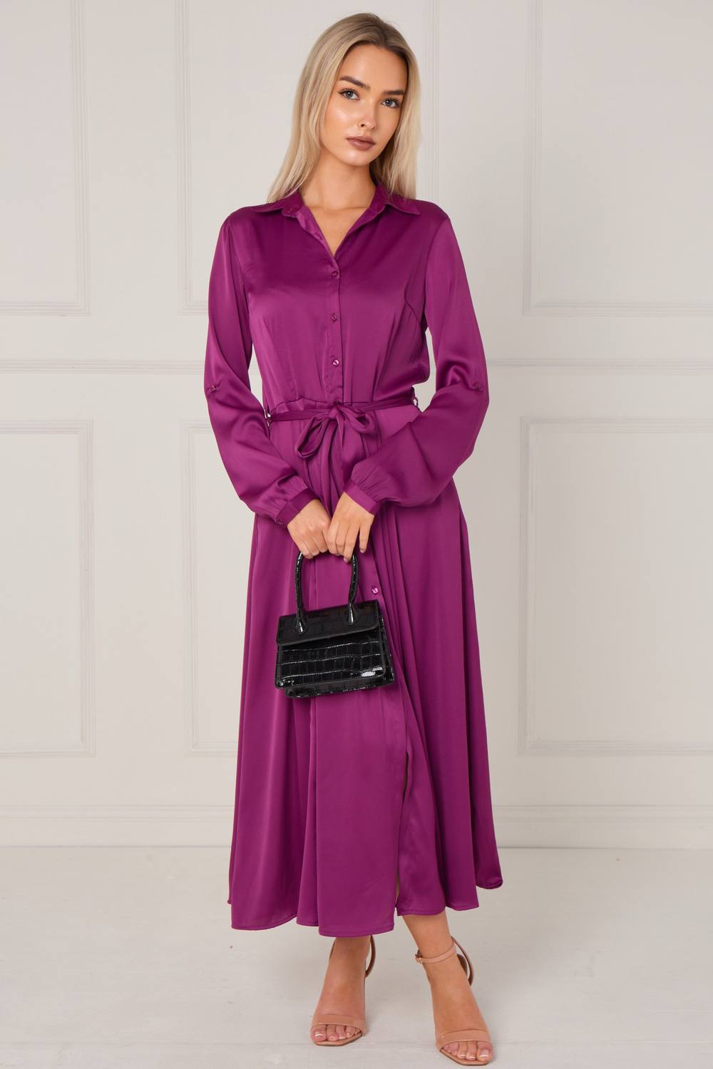 Love Sunshine Layered Satin Long Sleeve Maxi Shirt Dress In Purple