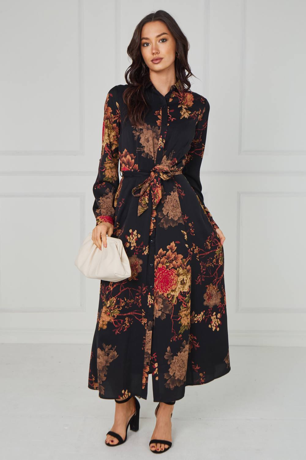 Love Sunshine Black Vintage Bloom Printed Maxi Shirt Dress